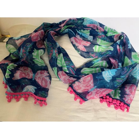 Mudpie Womens Pink Green Blue Butterfly Scarf  20" x 66" - Picture 1 of 12